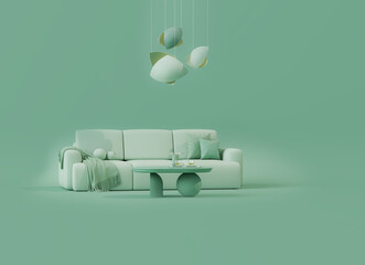 Interior of the room in plain monochrome pastel blue color with furnitures and room accessories. Light background with copy space. 3D rendering for web page, presentation or picture frame backgrounds.