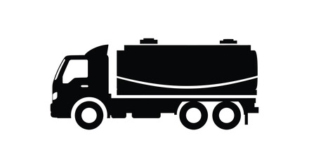 Black silhouette of a fuel tanker truck with a large cylindrical tank and multiple wheels on a white background silhouette