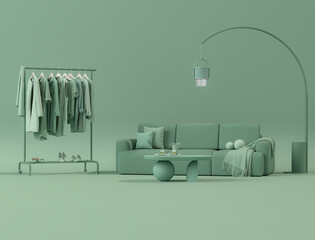 Clothes hanging on a rack, fitting room on green background. Creative composition. Light background with copy space. 3D render for web page, studio, store fashion	
