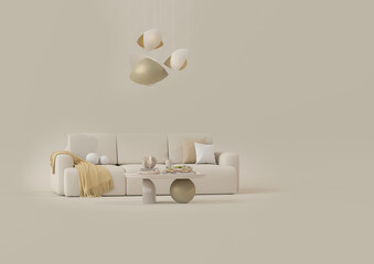 Minimalist interior design of modern living room with armchair, side table, plants and creative home accessories. 3d render	