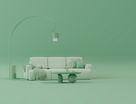 Interior of the room in plain monochrome pastel blue color with furnitures and room accessories. Light background with copy space. 3D rendering for web page, presentation or picture frame backgrounds.