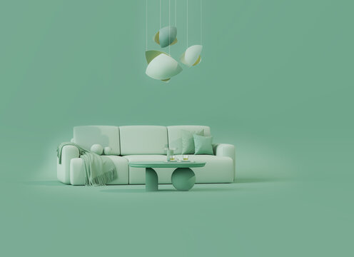 Interior of the room in plain monochrome pastel blue color with furnitures and room accessories. Light background with copy space. 3D rendering for web page, presentation or picture frame backgrounds.