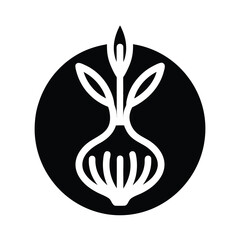 Stylized white onion with green sprouts emerging from its top set against a black circular background