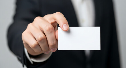 Businessman in a dark suit holding a blank white business card.