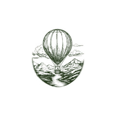 Vintage hand-drawn illustration of a hot air balloon flying over a mountain valley with river
