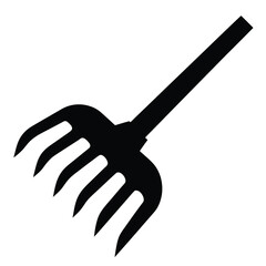 Black silhouette of a garden rake with four tines on a white background
