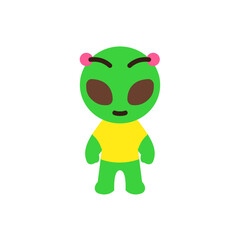 flat design of alien character with a green body, wearing a yellow t-shirt. The alien has large, dark brown oval eyes, a small smiling mouth, and two small pink antennae-like bumps on its head
