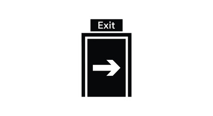 A stark black silhouette of an open door with a white arrow pointing to the right and the word exit above it representing an escape route or way out