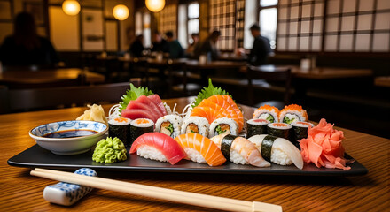 An exquisite platter showcasing a colorful assortment of fresh sushi, sashimi, and maki rolls, ready to be enjoyed in a traditional Japanese restaurant setting