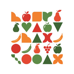 Colorful abstract geometric shapes and fruit icons pattern for design and education vector