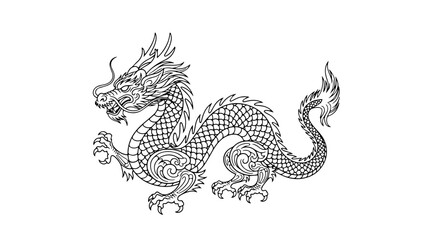 Elegant black and white line art captures the fierce majesty of a traditional Chinese dragon, detailing its intricate scales and serpentine form