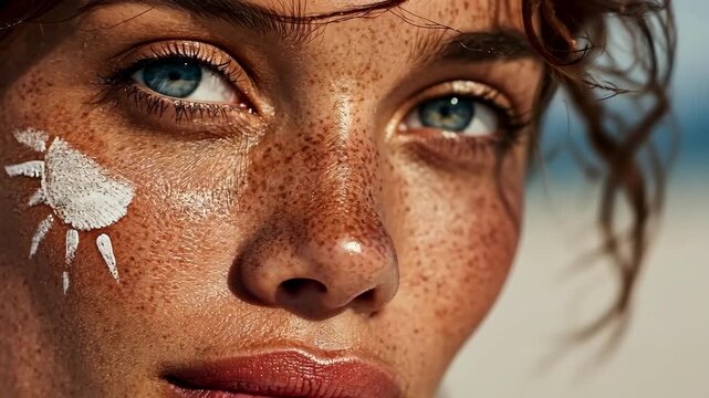 Close-up of a woman with freckles and sunblock on her face at the beach.