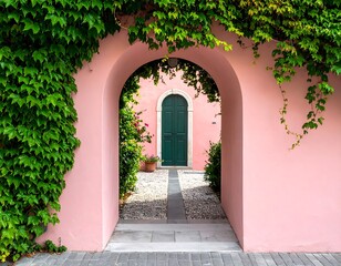 A pink archway framed by green leaves revealing a green door