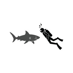 Diver encounters shark underwater ocean adventure scuba exploration marine life danger vector