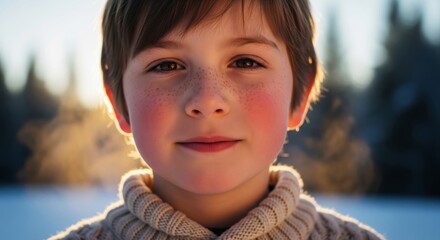 Portrait of a Young Boy with Rosy Cheeks and Freckles in Snowy Outdoor Setting