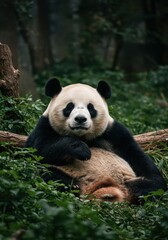 Obraz premium Adorable giant panda resting peacefully among green foliage, its iconic black and white fur stands out against the lush natural background ,panda ,creature ,forest