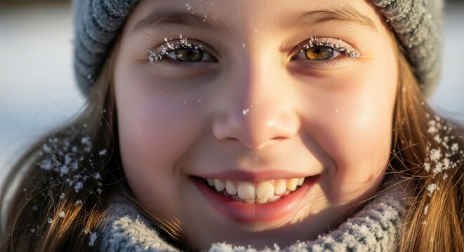 Close Up Portrait of a Smiling Young Girl with Winter Frost on Eyelashes Wearing Gray Beanie
