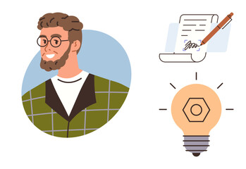 Man in plaid shirt with glasses, glowing lightbulb, and signed document. Ideal for creativity, innovation, contracts, agreement, business ideas entrepreneurship and inspiration. Simple flat