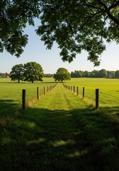 Obraz premium Peaceful vista capturing vibrant green agricultural fields bordered by mature trees and ancient fences during a warm summer afternoon ,farm ,field ,scenery