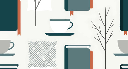 A comforting flat design pattern capturing the essence of quiet moments, featuring elegant books, warm drinks, and subtle natural elements for a cozy interior