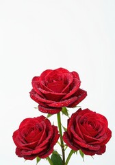 Obraz premium Three vibrant red roses covered in fresh water droplets, elegantly isolated against a pure white studio background, symbolizing passion ,fresh ,gift ,valentine