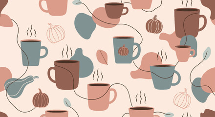 Warm autumn concept pattern with steaming coffee cups, charming pumpkins, and abstract shapes, perfect for cozy fall graphics