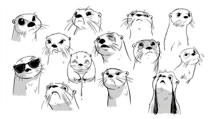 Cartoon otters with expressive faces in black and white illustration