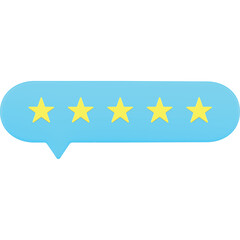 Five Yellow Star Rating Inside A Blue Speech Bubble Message Icon With A Transparent Background