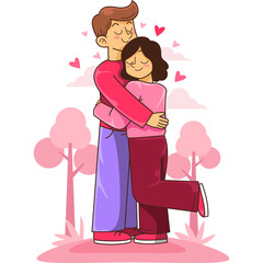 Loving Couple Embracing Tightly With Joyful Expressions Surrounded by Pink Trees and Hearts on a Clear Day Perfect for Valentine's Day Celebrations