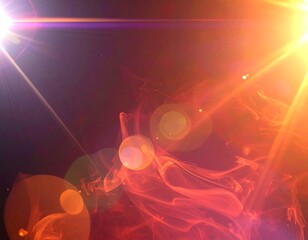 Abstract orange light burst with lens flares on a dark background