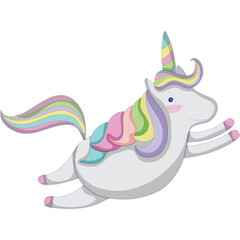 Magical White Unicorn With Rainbow Mane and Sparkly Horn Leaping Joyfully Across Transparent Background