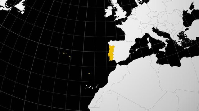 Portugal map. Animated zoom into the country on the Globe in Black White color palette. Country logo animation. Map with meridians, parallels. Charming video.