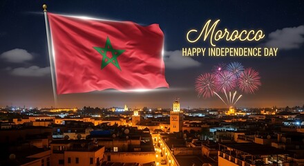 Morocco Independence Day Celebration: Cityscape, Flag, and Fireworks Display