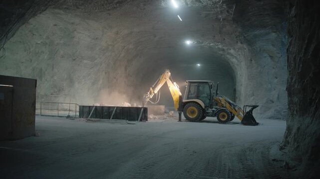 Static shot of a backhoe loader excavator working inside a vast, subterranean salt mine (salina). Dust fills the air under artificial lights, emphasizing the scale of the underground cavern.