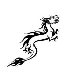 A striking black and white vector graphic of a mythical serpentine dragon, captured in a powerful rearing pose with a bold, tribal tattoo art style