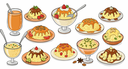 Desserts with fruit and sauce in bowls and glass