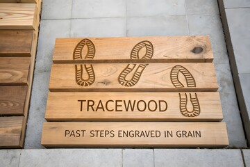 Wooden planks engraved with shoe footprints and tracewood label