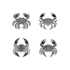 Set of four stylized crab icons with tribal and geometric patterns. Black and white vector logos featuring the sea animal decorated with intricate ethnic designs