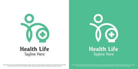 Healthy life person logo design vector icon. Person holding a health silhouette. Simple minimal modern icon symbol.