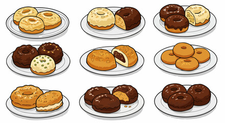 Assorted donuts on plates for bakery or dessert