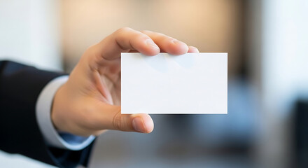 Close up of a hand holding a blank white business card 2.
