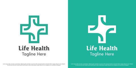 Plus health logo design illustration vector icon. Green silhouette of health care. Simple minimalist icon symbol.