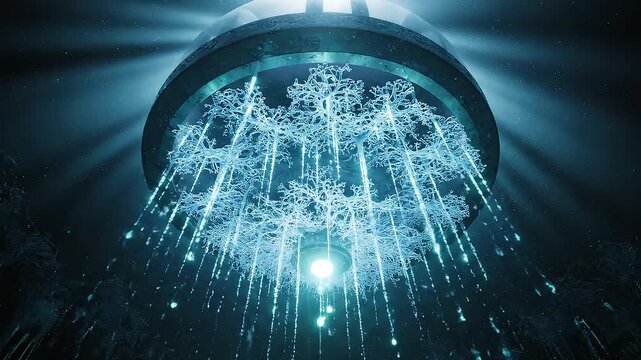 Frozen Water Cascade Illuminating a Futuristic Structure with Cool Blue Light and Falling Ice Crystals