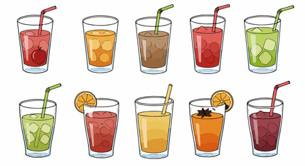 Assorted fruit drinks with ice and straws