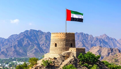 UAE flag on a stone fort against a mountain backdrop