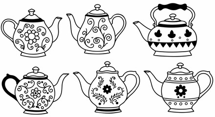 Six decorative teapots in black and white outline style