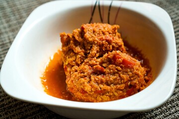 Northern Thai Nam Prik Ong in White Bowl – Homemade Chili Paste with Tomato and Pork