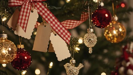 Festive Christmas Ornaments and Decorations Adorning a Twinkling Tree with Blank Tags for Personalization
