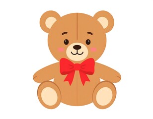 Obraz premium Cartoon teddy bear, brown fur, red bow tie, sitting, cute