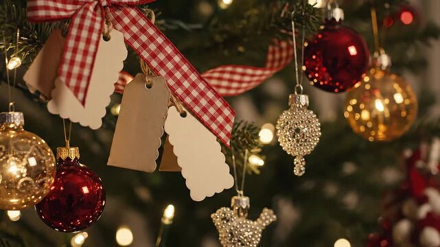 Festive Christmas Ornaments and Decorations Adorning a Twinkling Tree with Blank Tags for Personalization